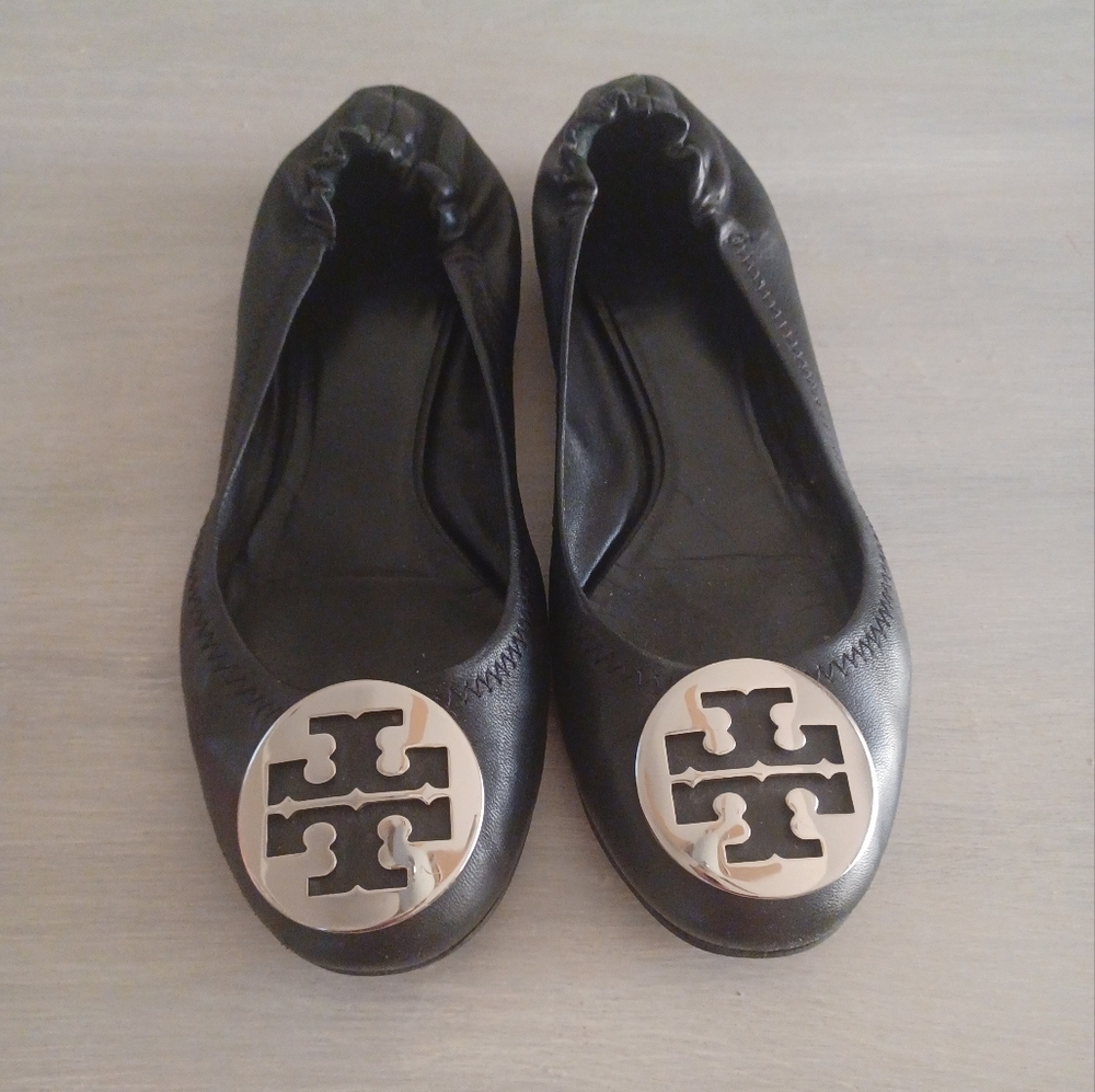 Tory Burch Black Flats - Silver Medallion Hardware